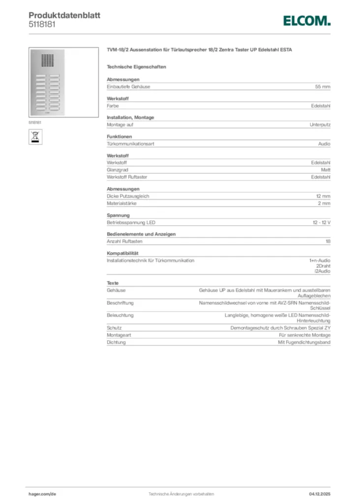 Bild Elcom Produktdatenblatt 5118181 | Hager Deutschland