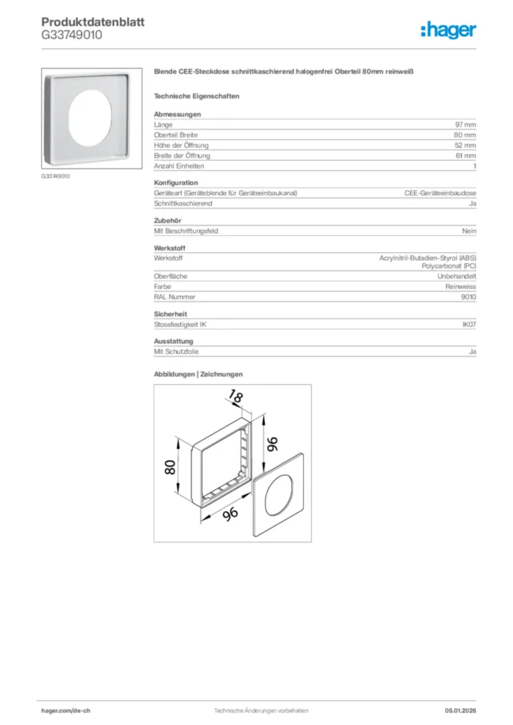 Bild Hager Produktdatenblatt G33749010 | Hager Schweiz