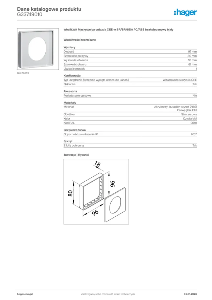 Zdjęcie Hager Karta katalogowa G33749010 | Hager Polska