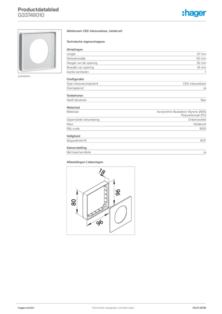 Afbeelding Hager Productdatablad G33749010 | Hager Nederland