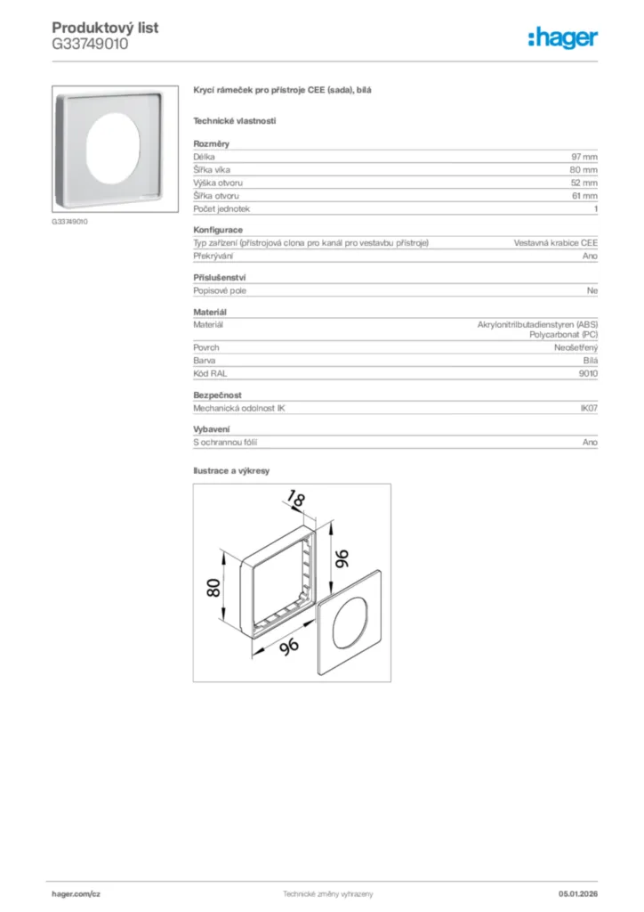 Obrázek Hager Product data sheet G33749010 | Hager