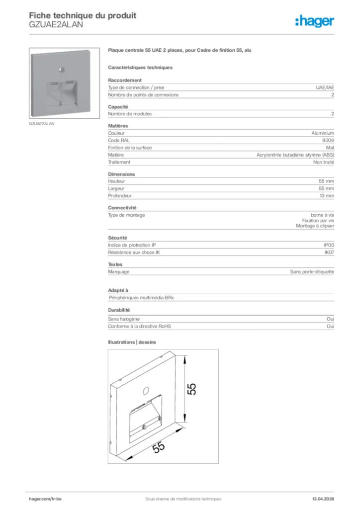 Image Hager Fiche technique du produit GZUAE2ALAN | Hager Belgique