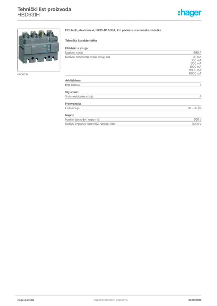 Slika Hager Product data sheet HBD631H  | Hager