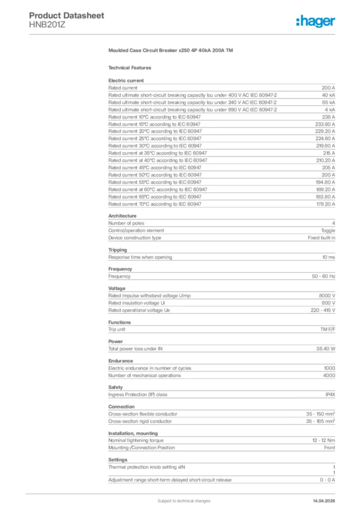 Image Hager Product data sheet HNB201Z  | Hager Africa