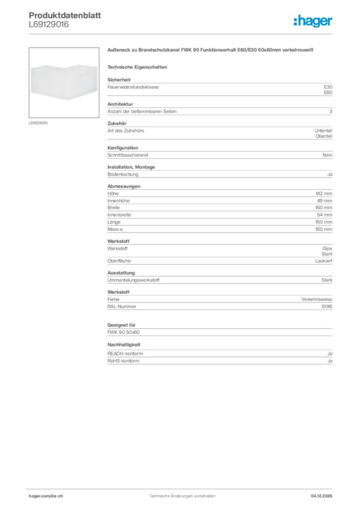 Bild Hager Produktdatenblatt L69129016 | Hager Schweiz