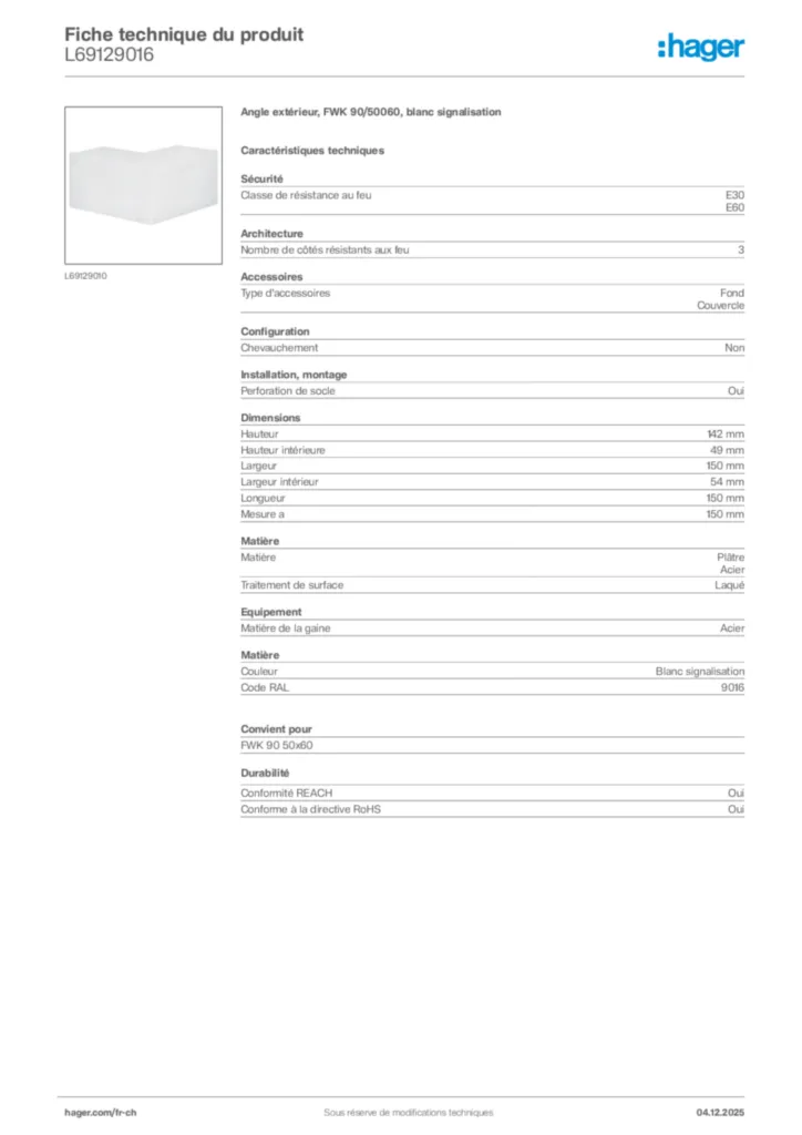 Image Hager Fiche technique du produit L69129016 | Hager Suisse