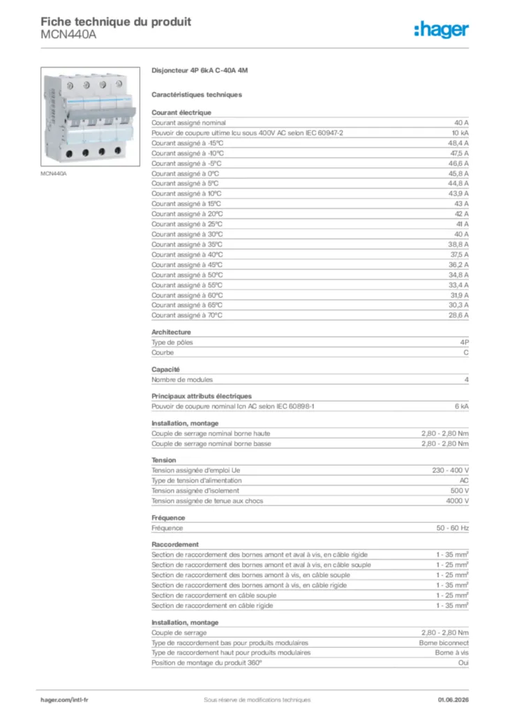 Image Hager Fiche technique du produit MCN440A | Hager Afrique