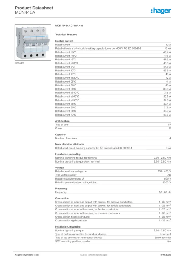 Image Hager Product data sheet MCN440A  | Hager