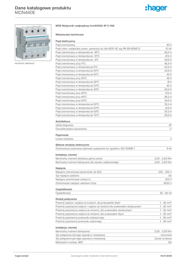 Zdjęcie Hager Karta katalogowa MCN440E | Hager Polska