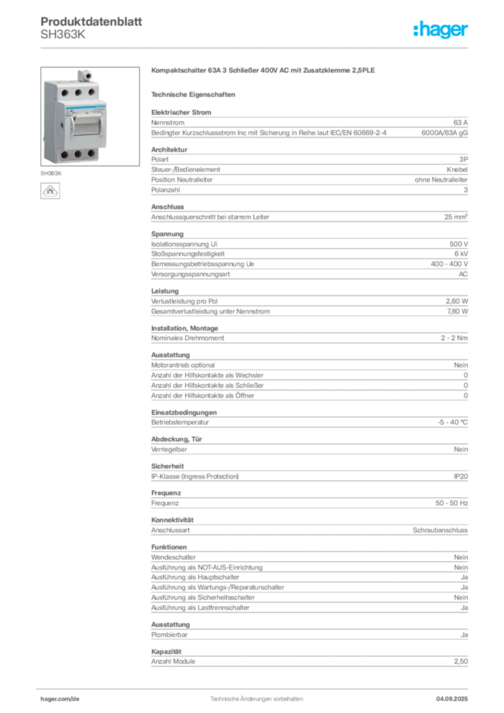 Bild Hager Produktdatenblatt SH363K | Hager Deutschland