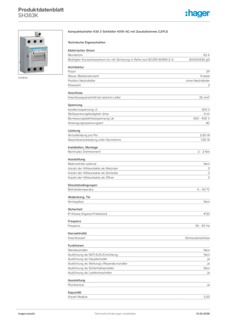 Bild Hager Produktdatenblatt SH363K | Hager Deutschland