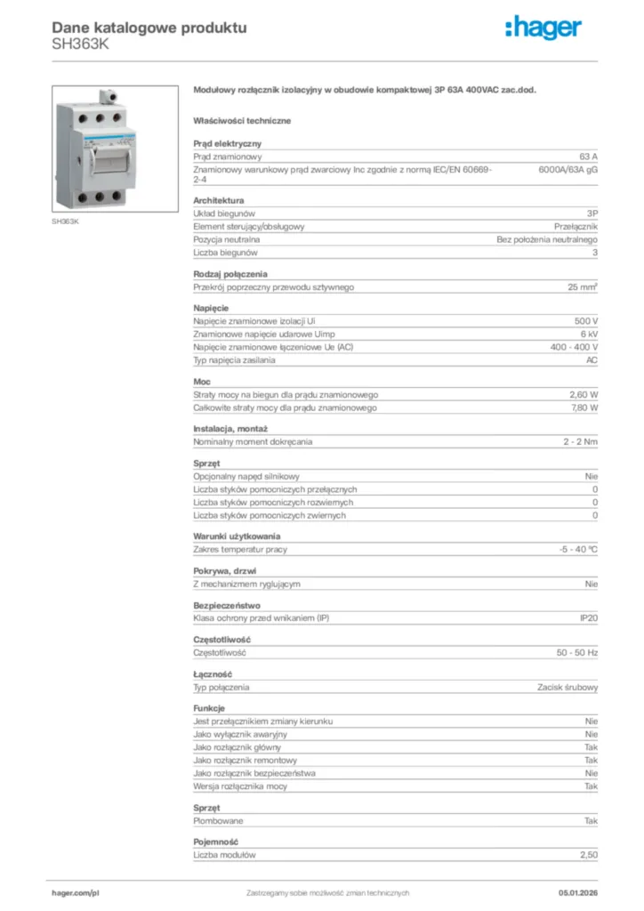 Zdjęcie Hager Karta katalogowa SH363K | Hager Polska