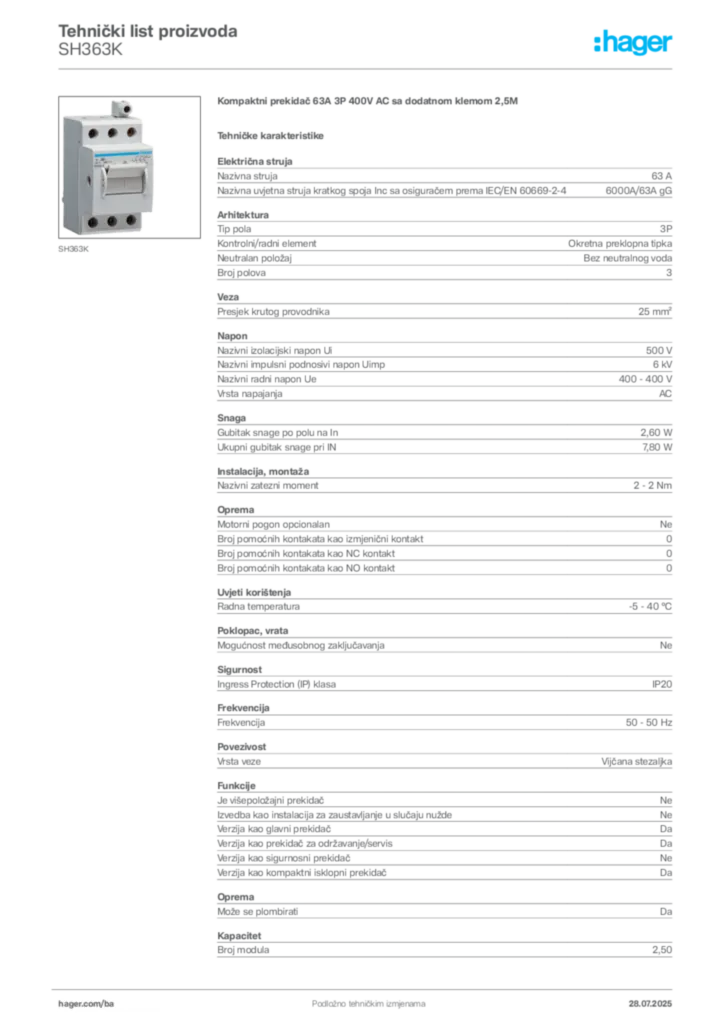 Slika Hager Product data sheet SH363K  | Hager