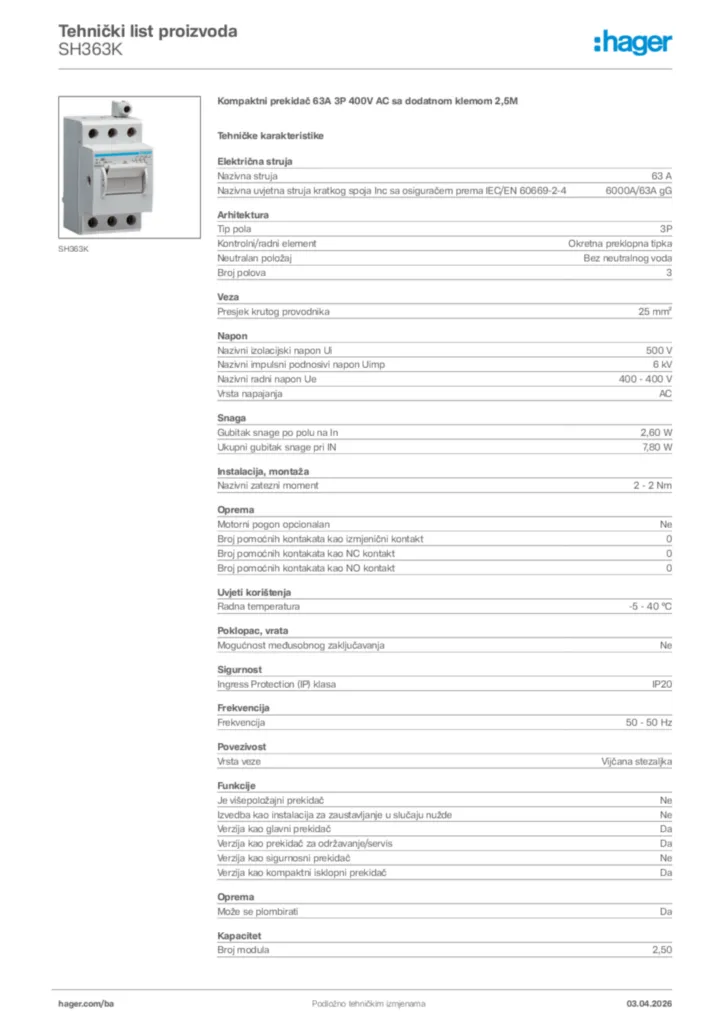 Slika Hager Tehnički list proizvoda SH363K  | Hager