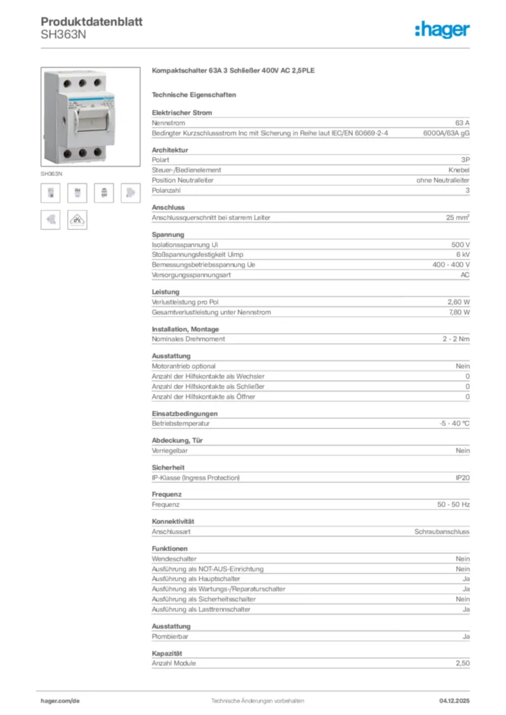 Bild Hager Produktdatenblatt SH363N | Hager Deutschland