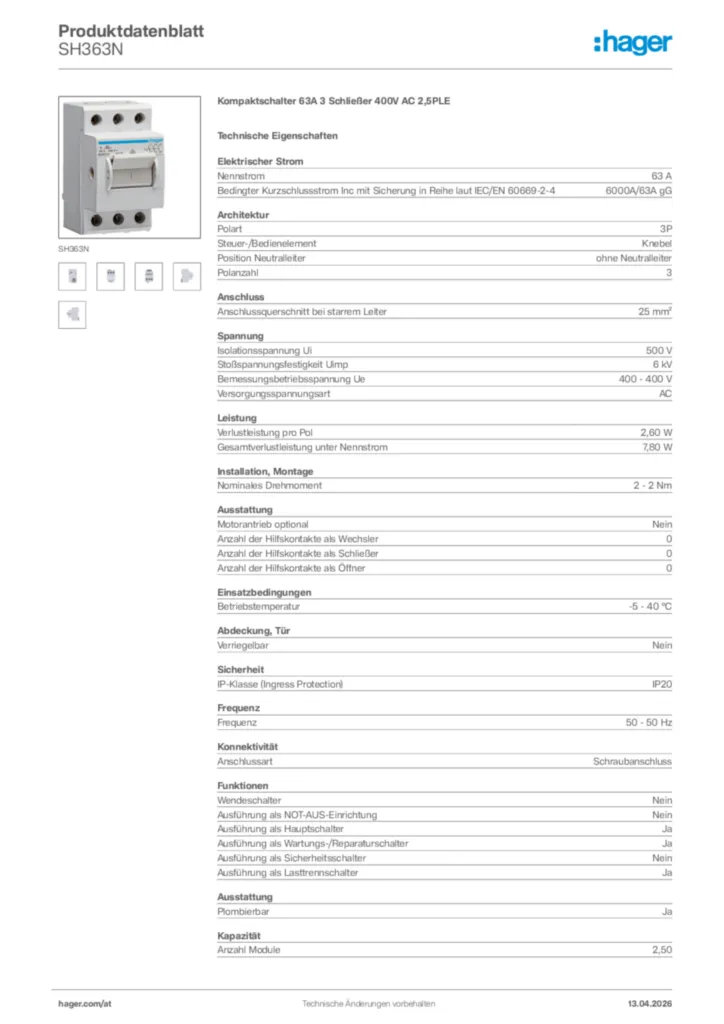 Bild Hager Produktdatenblatt SH363N | Hager Deutschland