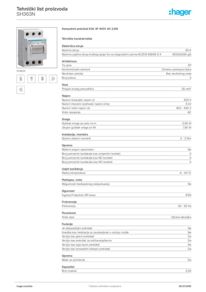 Slika Hager Product data sheet SH363N  | Hager