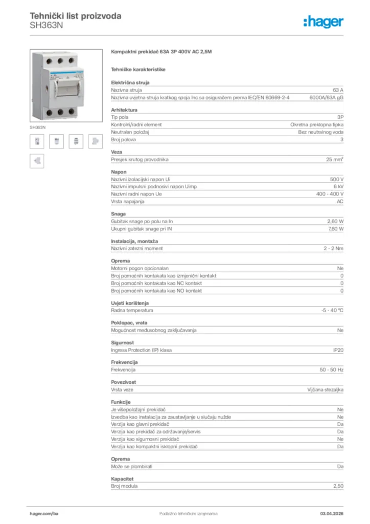 Slika Hager Tehnički list proizvoda SH363N  | Hager