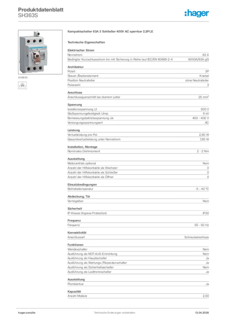 Bild Hager Produktdatenblatt SH363S | Hager Deutschland