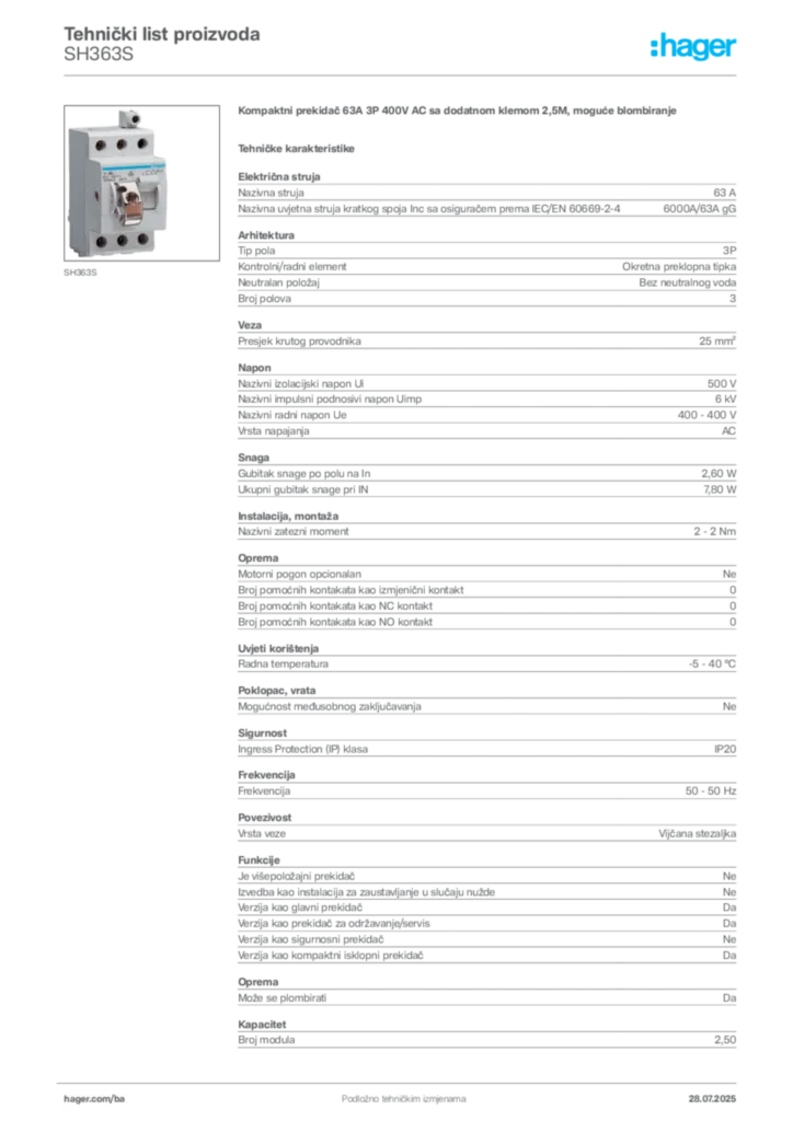 Slika Hager Product data sheet SH363S  | Hager