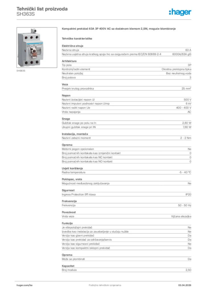 Slika Hager Tehnički list proizvoda SH363S  | Hager