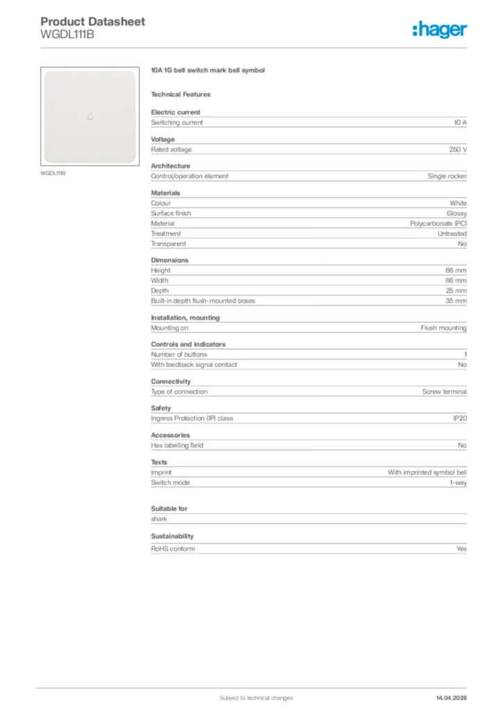 Image Hager Product data sheet WGDL111B  | Hager Africa