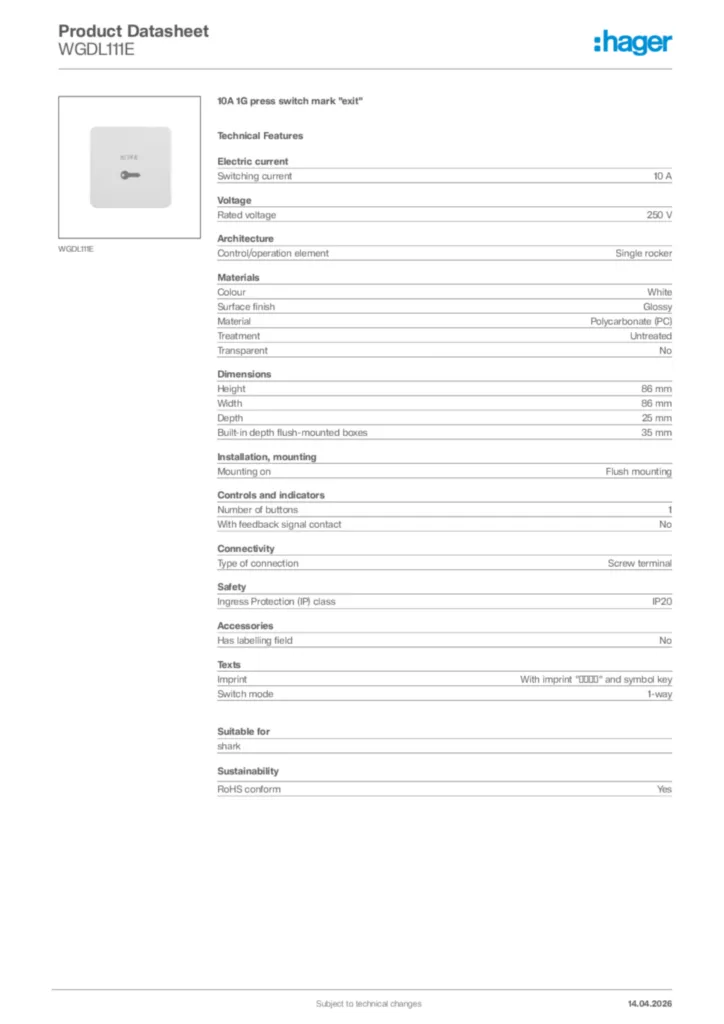 Image Hager Product data sheet WGDL111E  | Hager Africa