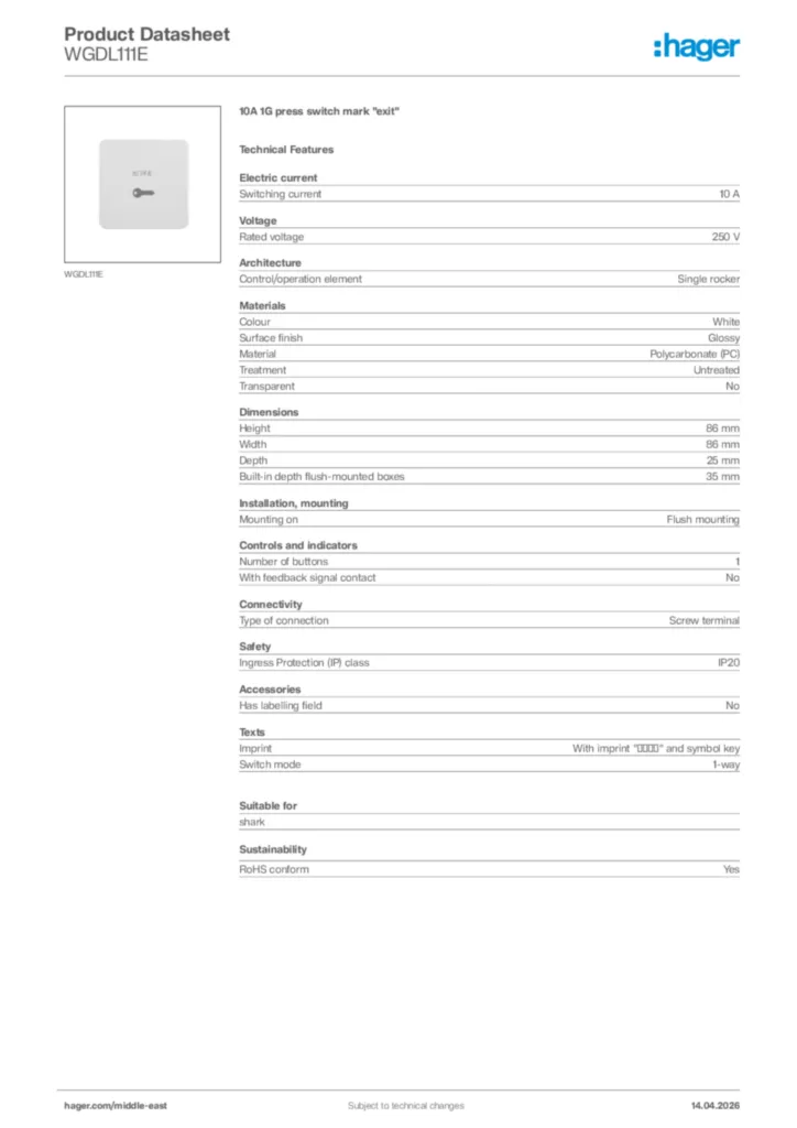 Image Hager Product data sheet WGDL111E  | Hager