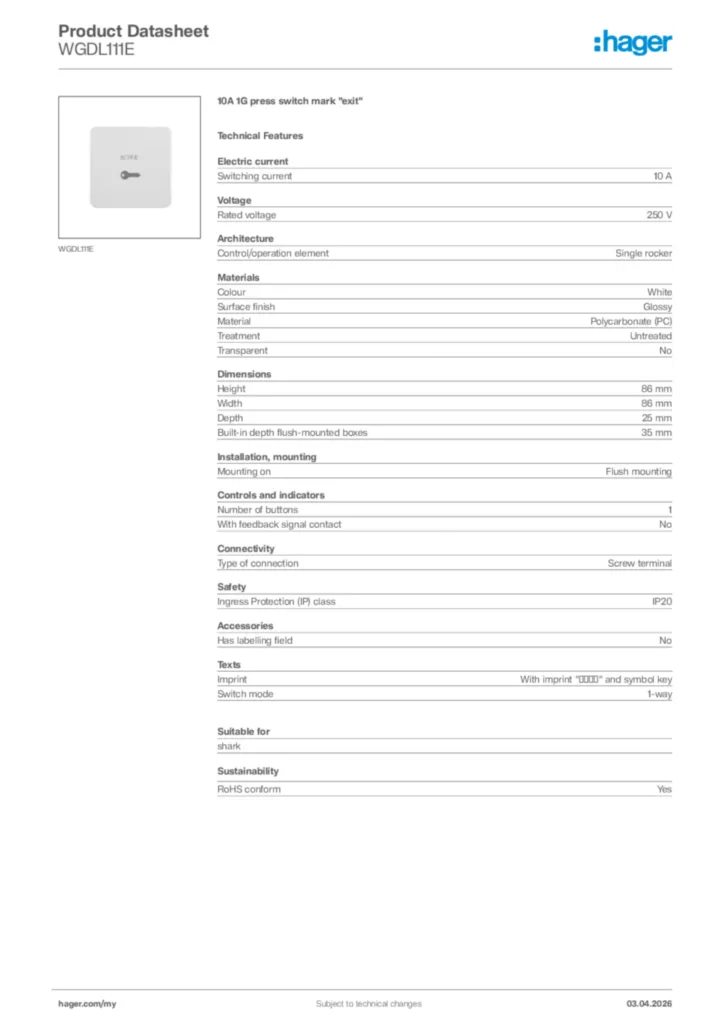 Image Hager Product data sheet WGDL111E  | Hager