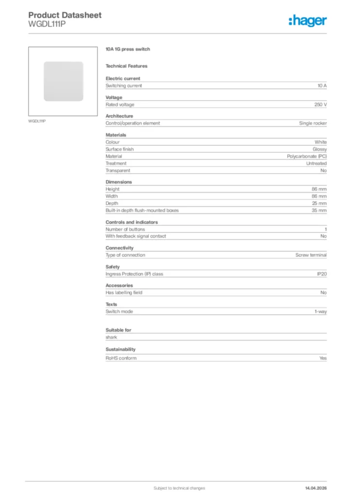 Image Hager Product data sheet WGDL111P  | Hager Africa