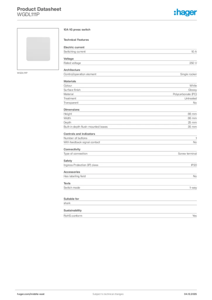 Image Hager Product data sheet WGDL111P  | Hager