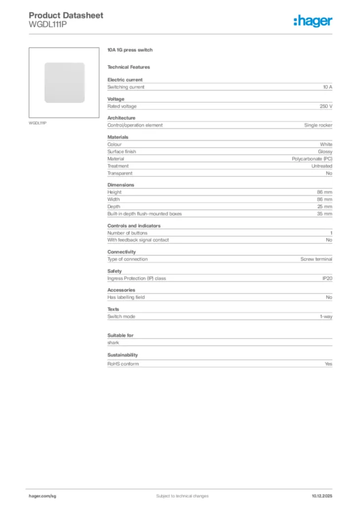 Image Hager Product data sheet WGDL111P  | Hager