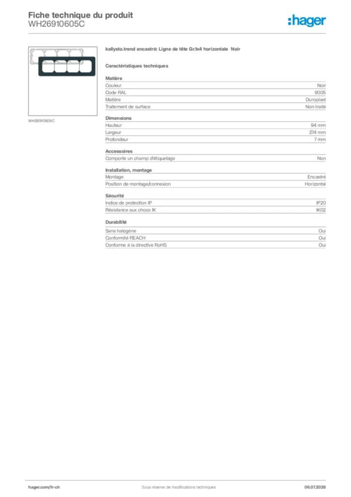 Image Hager Fiche technique du produit WH26910605C | Hager Suisse