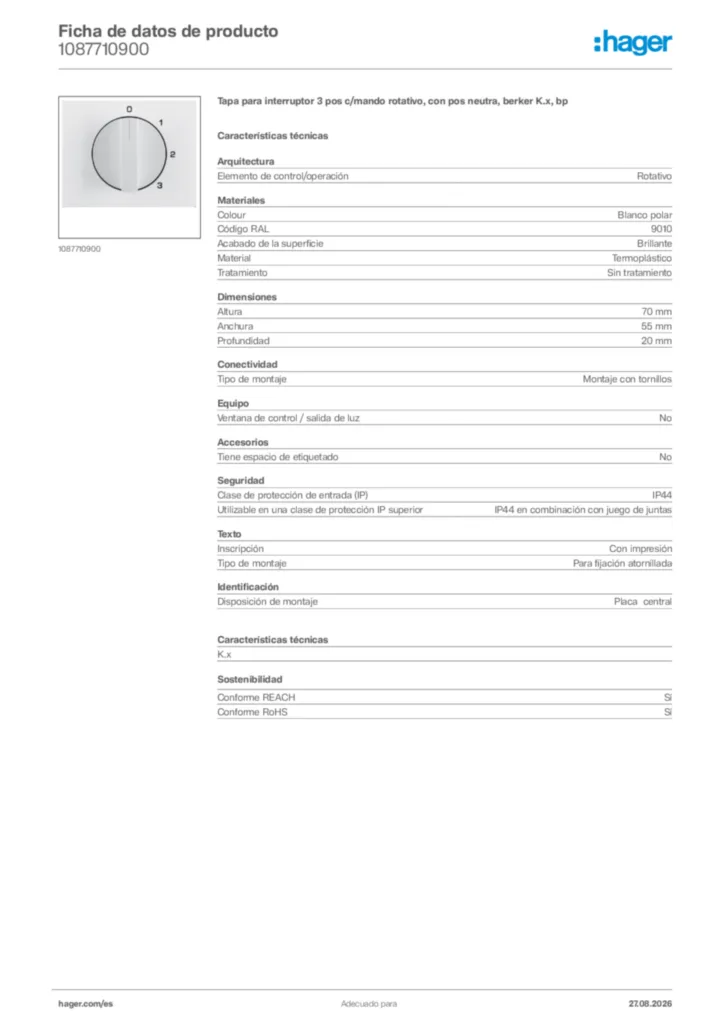 Imagen Hager Ficha de datos de producto 1087710900 | Hager España