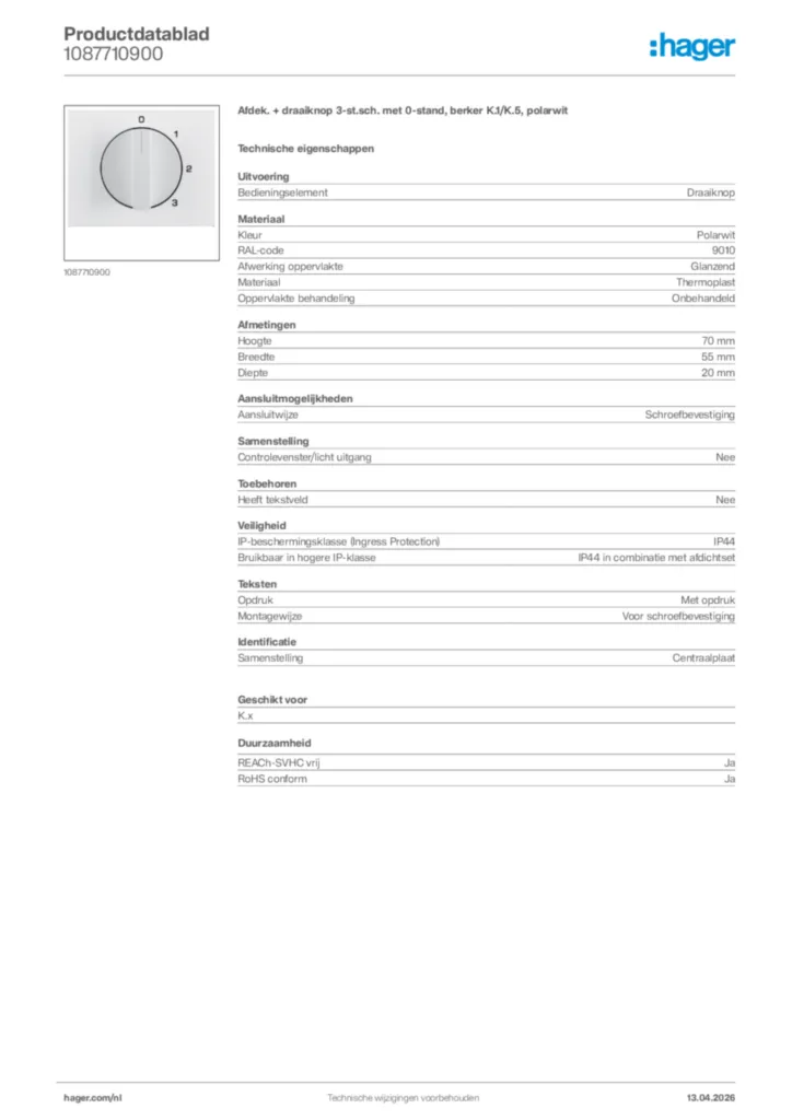 Afbeelding Hager Productdatablad 1087710900 | Hager Nederland