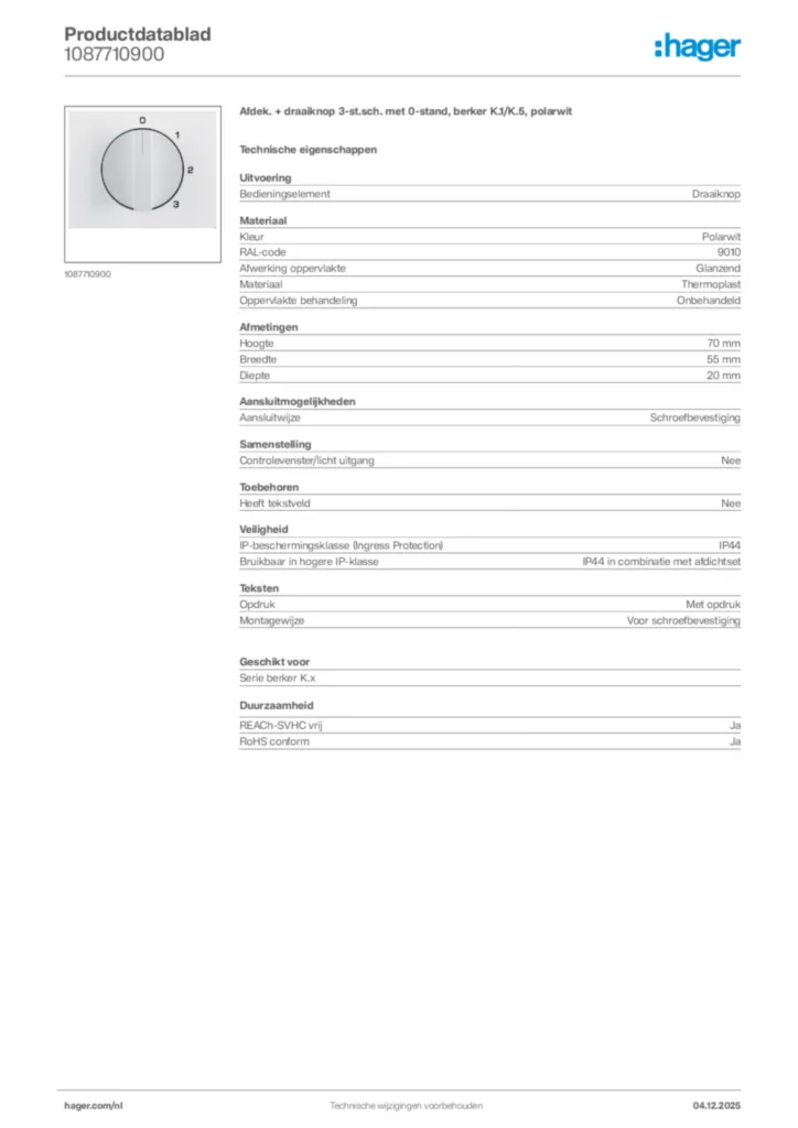 Afbeelding Hager Productdatablad 1087710900 | Hager Nederland