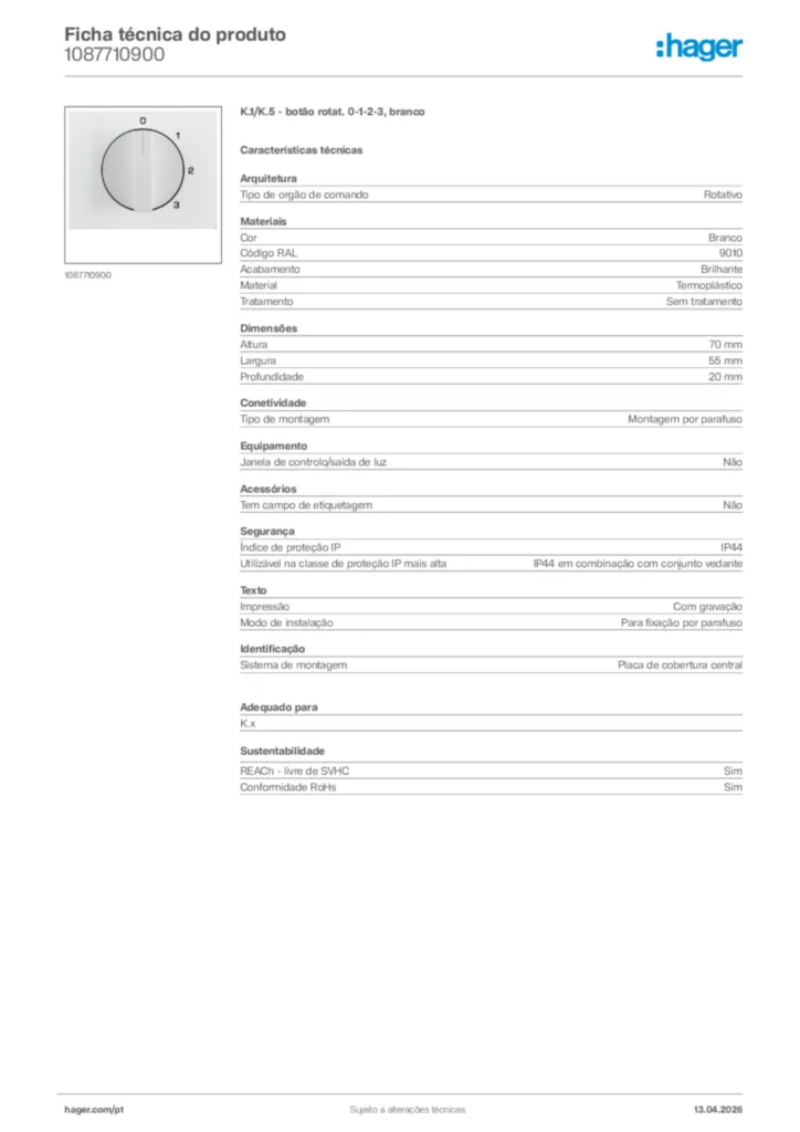 Imagem Hager Ficha técnica do produto 1087710900 | Hager Portugal