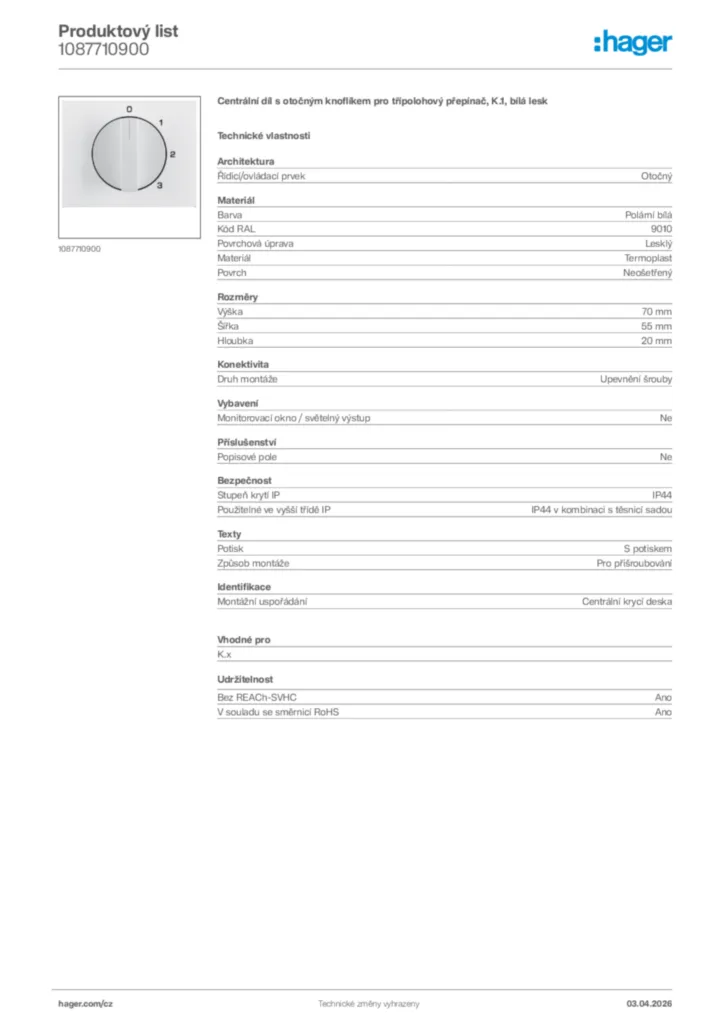 Obrázek Hager Product data sheet 1087710900 | Hager