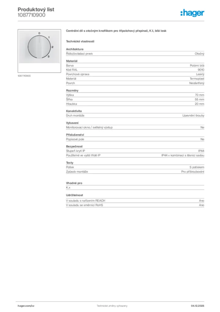 Obrázek Hager Product data sheet 1087710900 | Hager