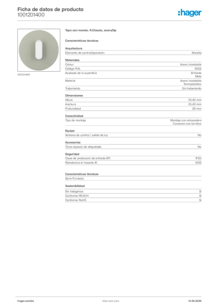 Imagen Hager Ficha de datos de producto 1001201400 | Hager España