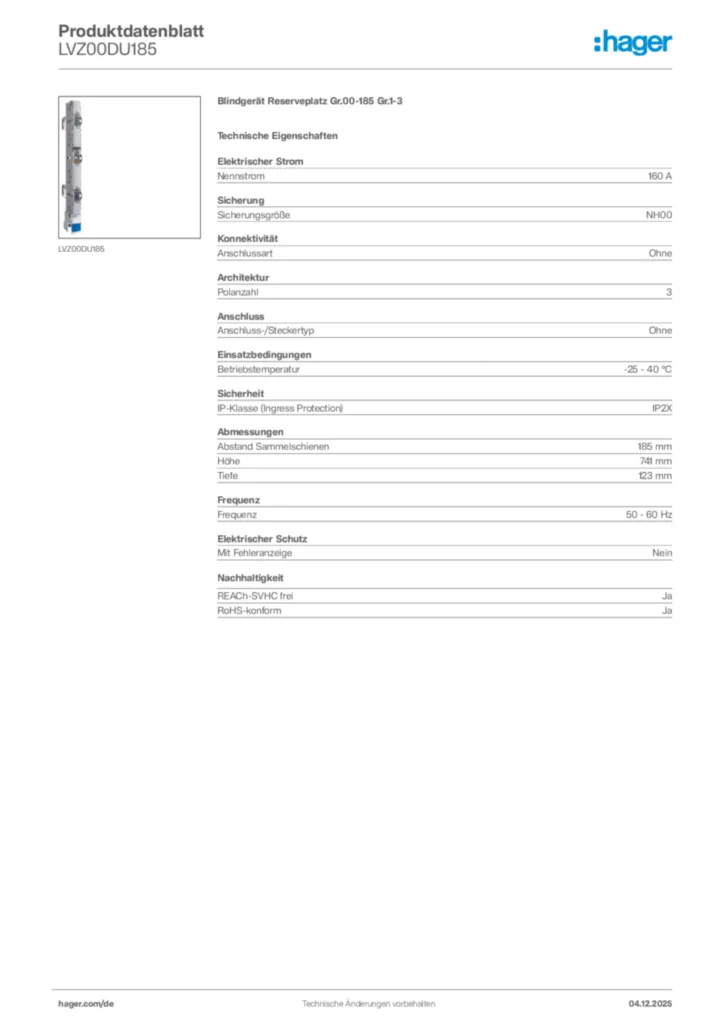 Bild Hager Produktdatenblatt LVZ00DU185 | Hager Deutschland