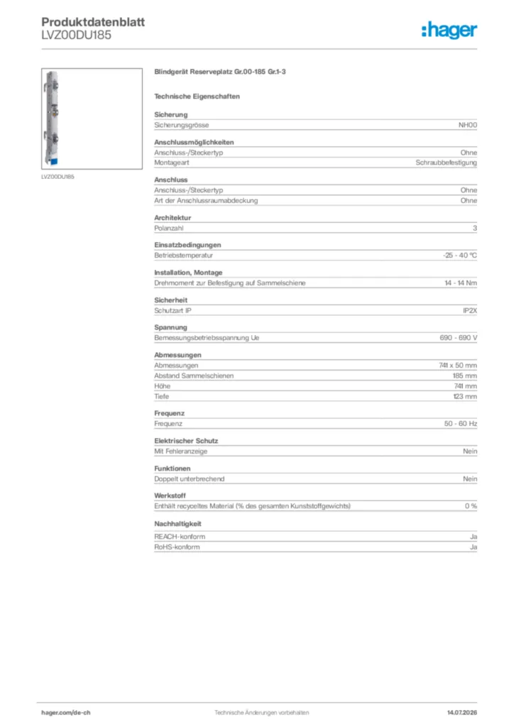 Bild Hager Produktdatenblatt LVZ00DU185 | Hager Schweiz