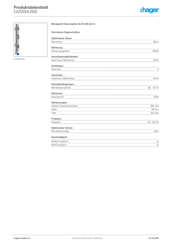 Bild Hager Produktdatenblatt LVZ00DU185 | Hager Schweiz