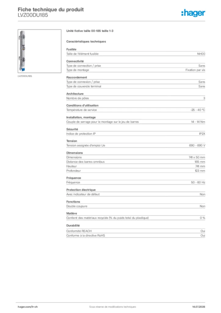 Image Hager Fiche technique du produit LVZ00DU185 | Hager Suisse