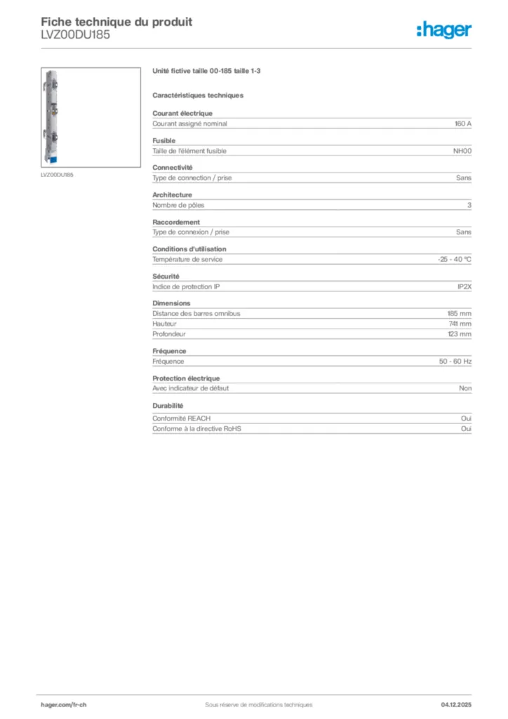 Image Hager Fiche technique du produit LVZ00DU185 | Hager Suisse