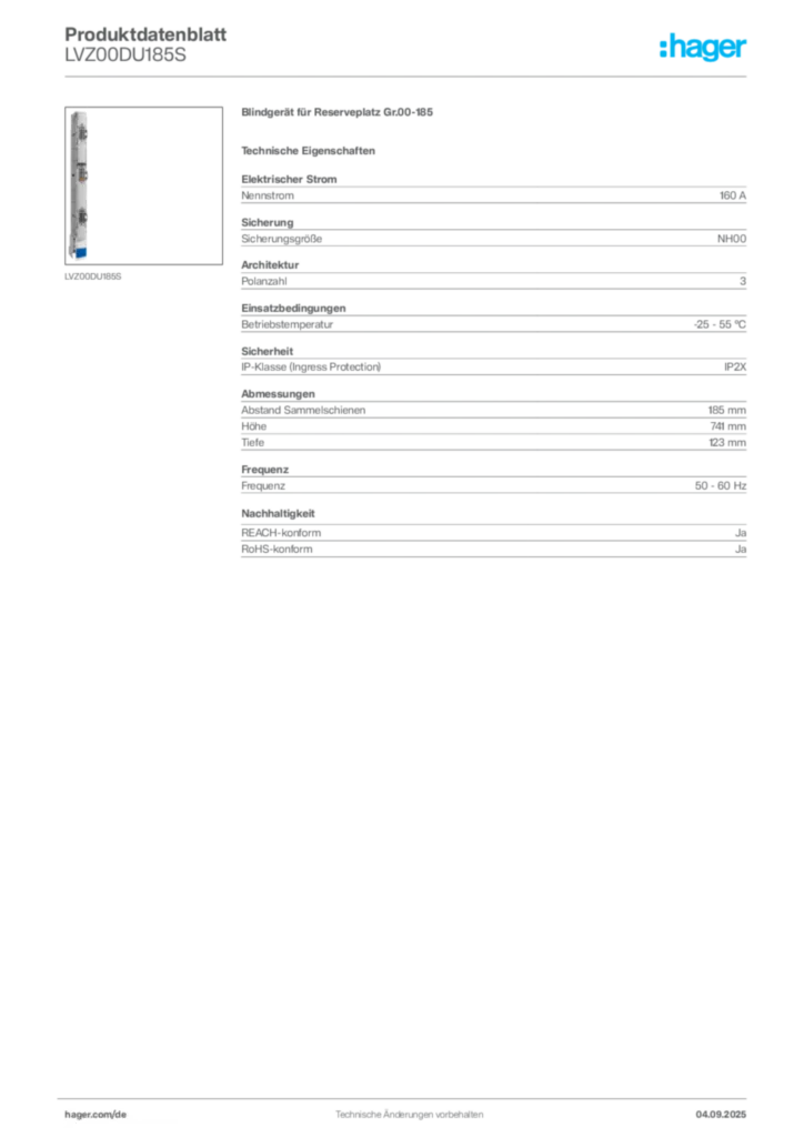 Bild Hager Produktdatenblatt LVZ00DU185S | Hager Deutschland
