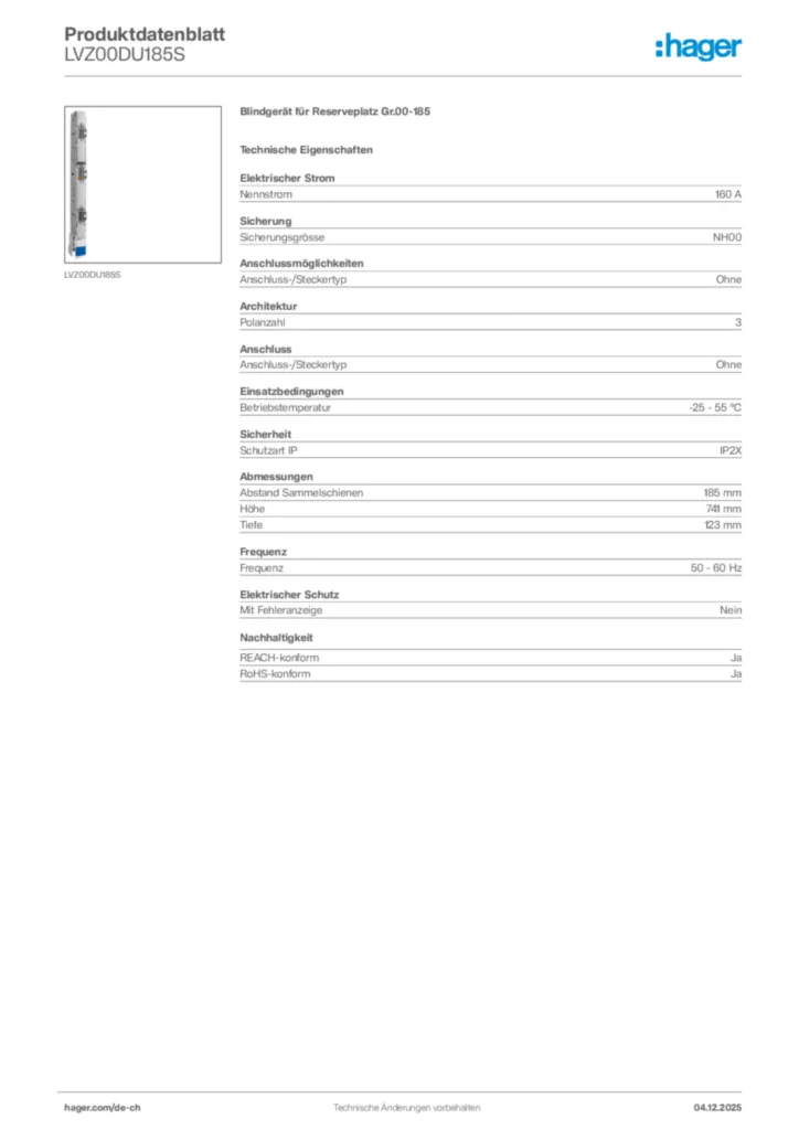 Bild Hager Produktdatenblatt LVZ00DU185S | Hager Schweiz
