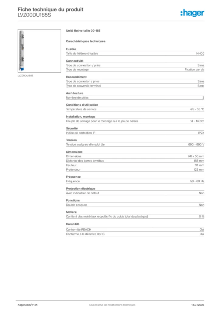 Image Hager Fiche technique du produit LVZ00DU185S | Hager Suisse