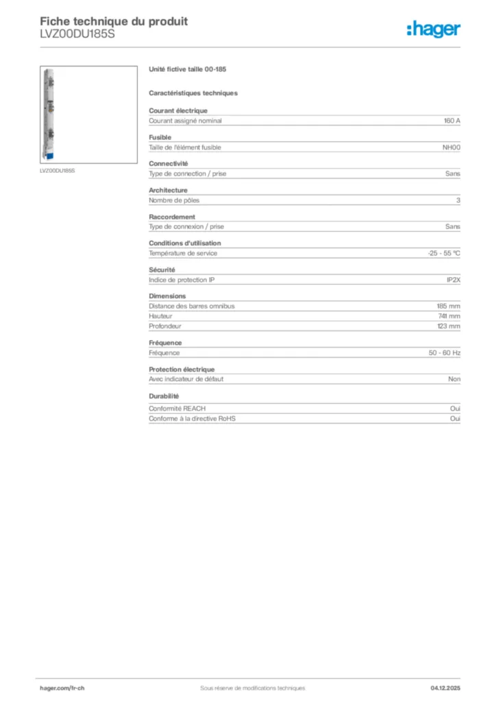 Image Hager Fiche technique du produit LVZ00DU185S | Hager Suisse