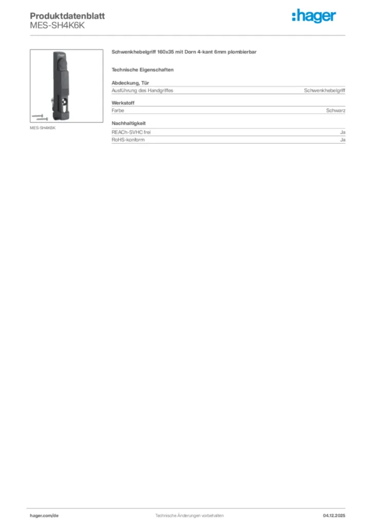 Bild Hager Produktdatenblatt MES-SH4K6K | Hager Deutschland